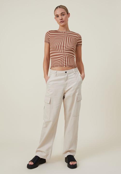 Cotton On - Drew crew neck short sleeve top - zoe warped checkerboard soft brown/ sandy bro