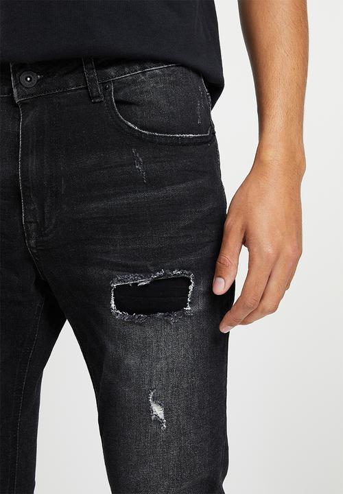 Cutty - Mens skinny fit rip and repair denim jean - black