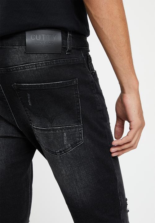 Cutty - Mens skinny fit rip and repair denim jean - black