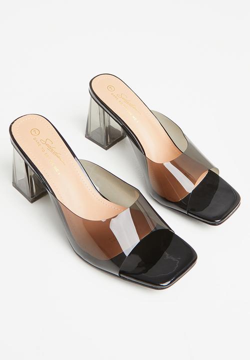 Seduction - Barely there square toe block heel mule - black
