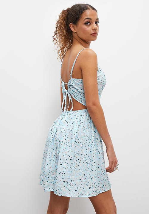 Blake - Strappy mini lace up back - lt blue mono ditsy