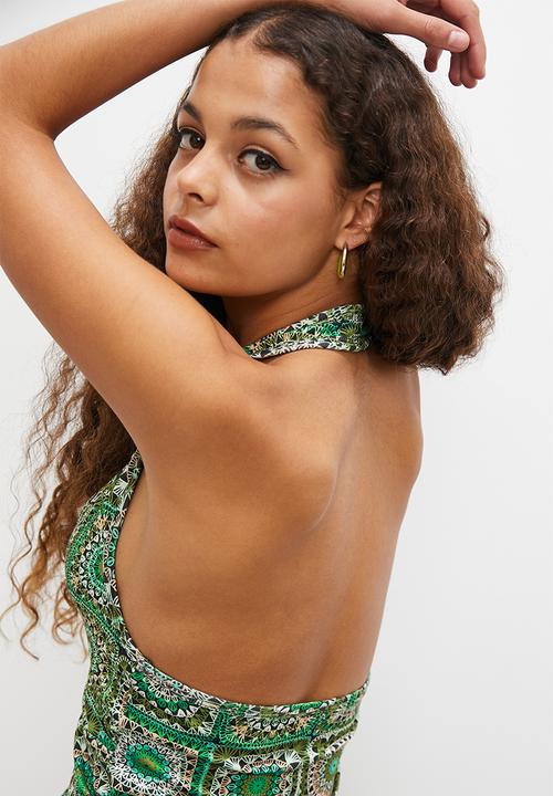 Blake - Halter top - green crochet print