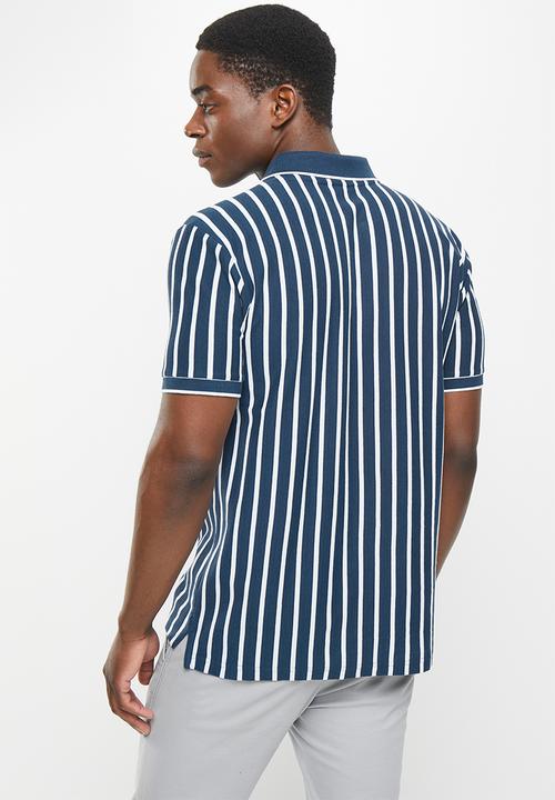 POLO - Men stripe pique golfer - navy & white 