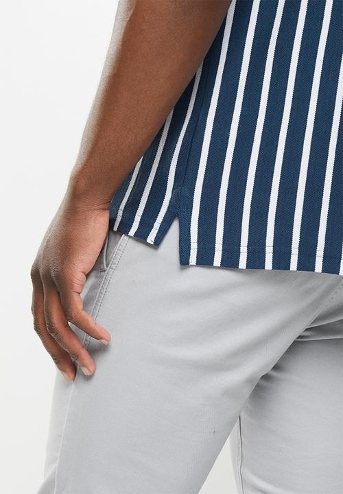 POLO - Men stripe pique golfer - navy & white 
