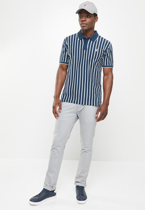 POLO - Men stripe pique golfer - navy & white 