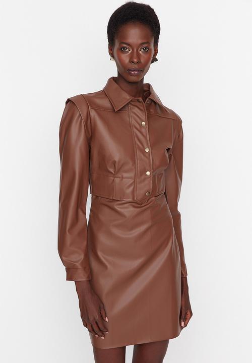 Trendyol - Faux leather fitted mini dress - brown