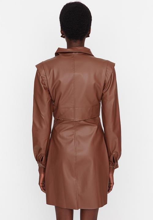 Trendyol - Faux leather fitted mini dress - brown