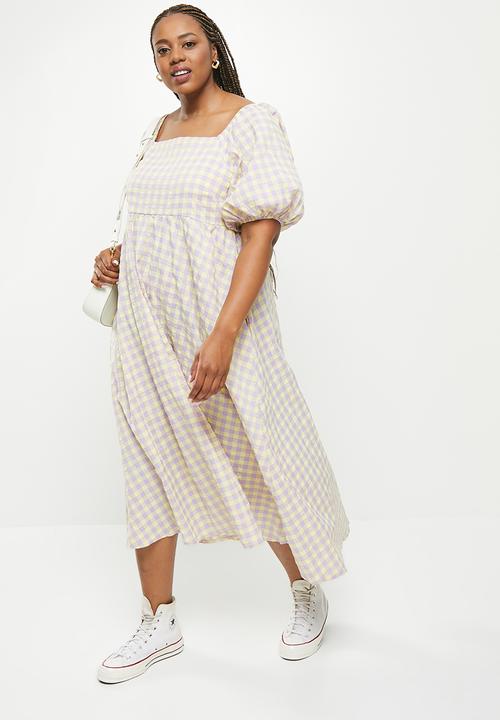 Me&B - Plus babydoll side pocket shirring back midi dress - milk