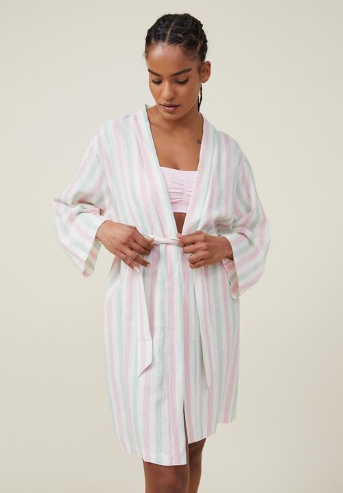 Cotton On - Linen blend sleep robe - pink green stripe