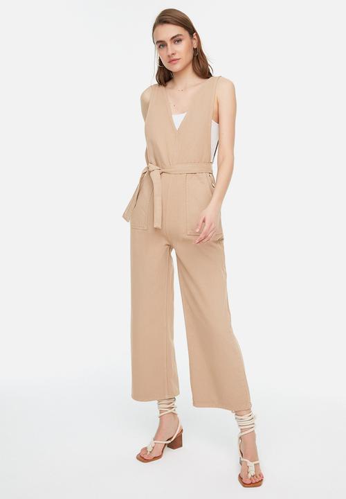 Trendyol - Belted denim jumpsuit - taupe