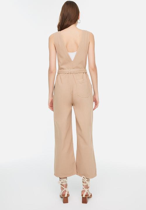 Trendyol - Belted denim jumpsuit - taupe