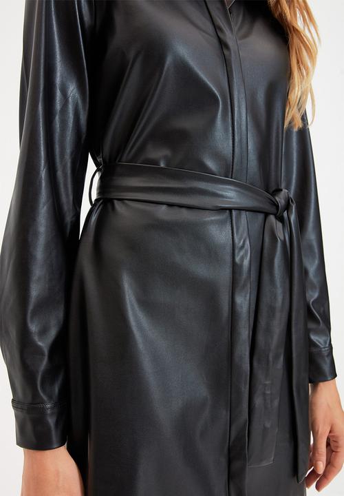 Trendyol - Faux leather belted shirt dress - black