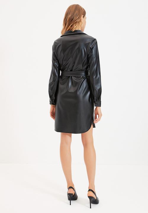 Trendyol - Faux leather belted shirt dress - black