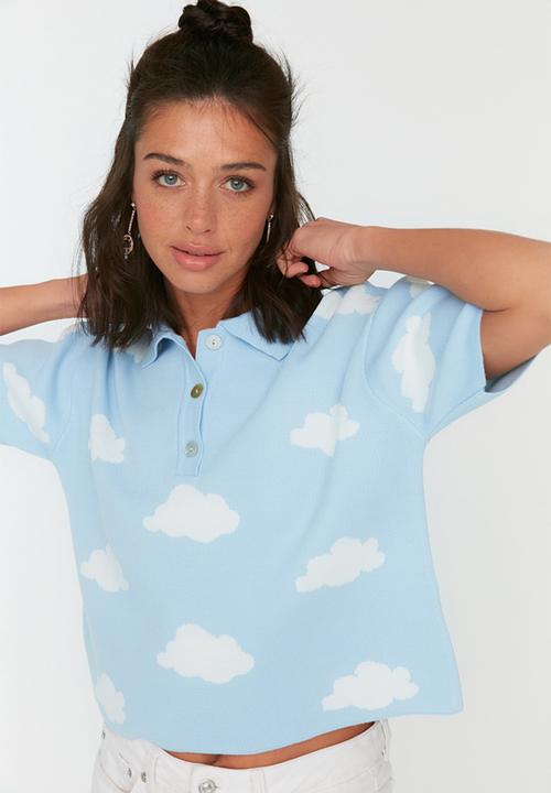Trendyol - Cloud print polo knit top - clear blue