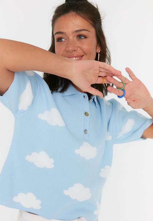 Trendyol - Cloud print polo knit top - clear blue