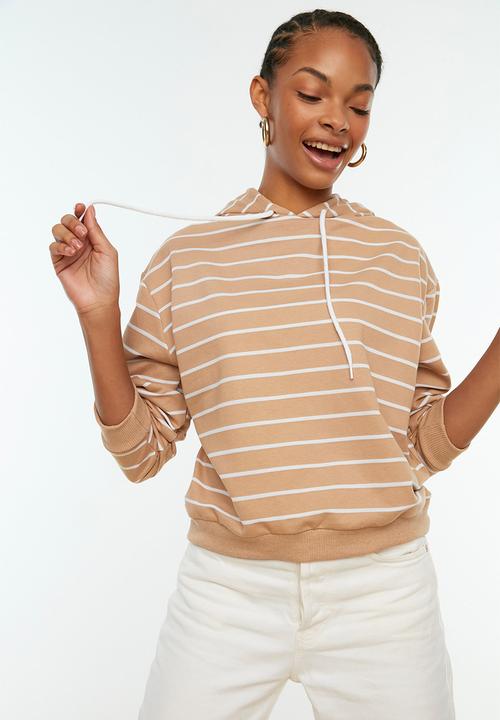 Trendyol - Striped basic hooded thin sweater - camel
