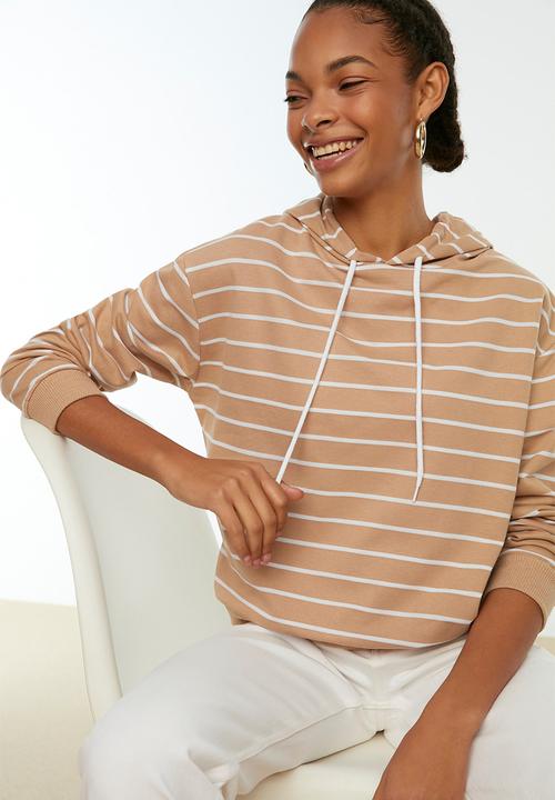 Trendyol - Striped basic hooded thin sweater - camel