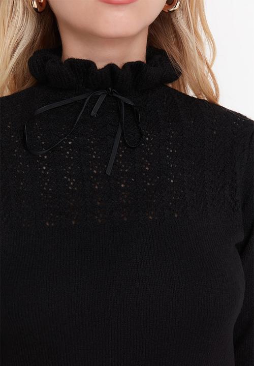 Trendyol - Tie detail frill hem knit sweater - black