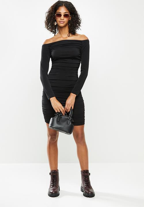 Blake - Ruched bardot mini dress - black