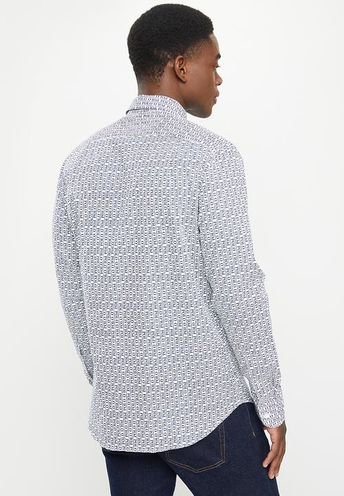 POLO - Men polo print long sleeve shirt - white & navy