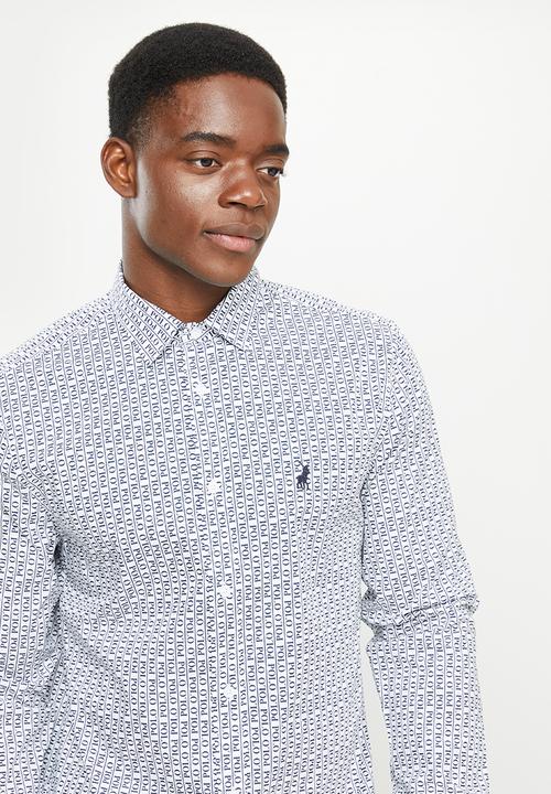 POLO - Men polo print long sleeve shirt - white & navy