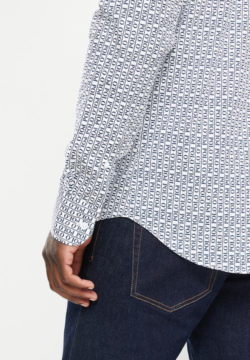 POLO - Men polo print long sleeve shirt - white & navy