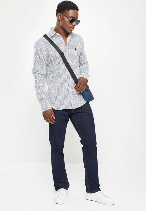 POLO - Men polo print long sleeve shirt - white & navy