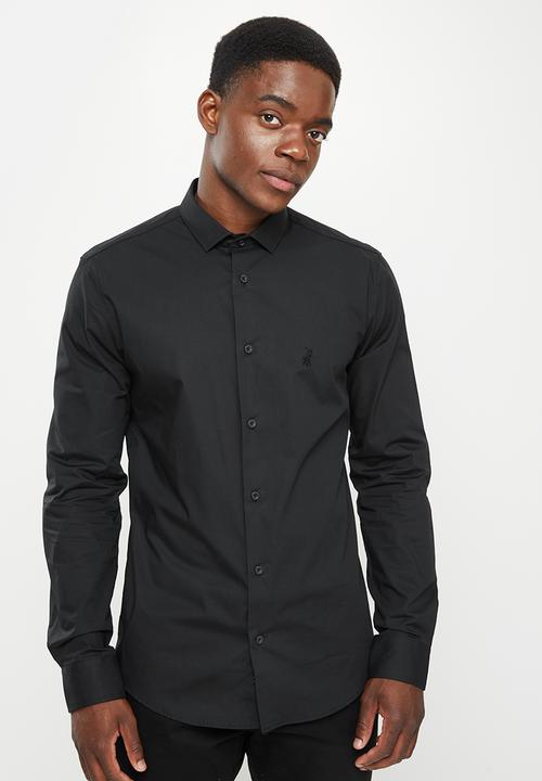 POLO - Men slim fit plain long sleeve shirt - black