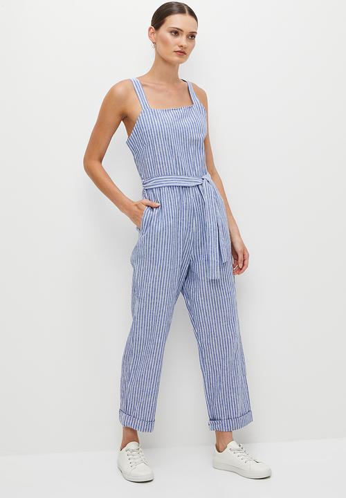 edit - Cotton square neck jumpsuit - natural stripe