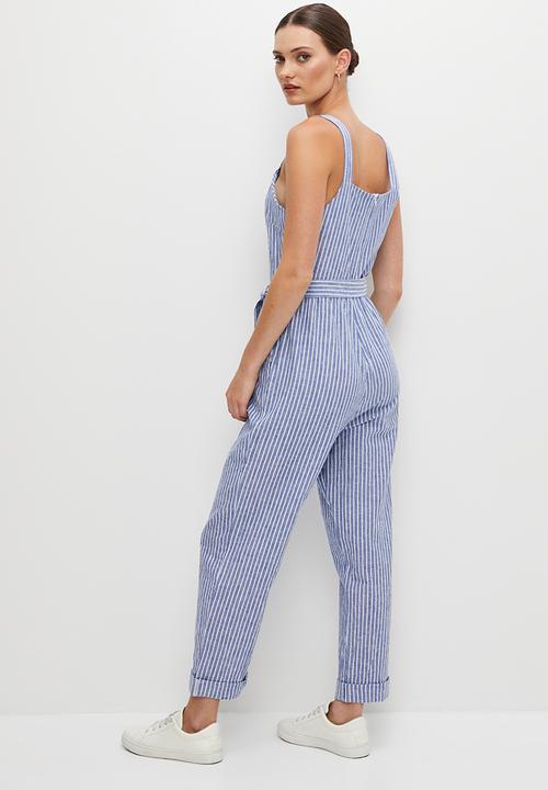 edit - Cotton square neck jumpsuit - natural stripe