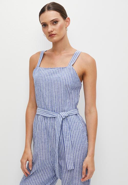 edit - Cotton square neck jumpsuit - natural stripe