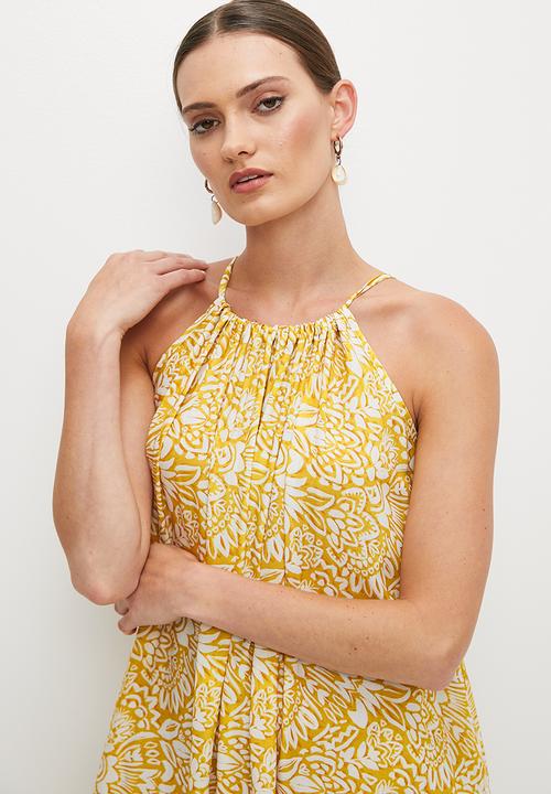 edit - Halter swing hem midi dress - yellow mono oriental