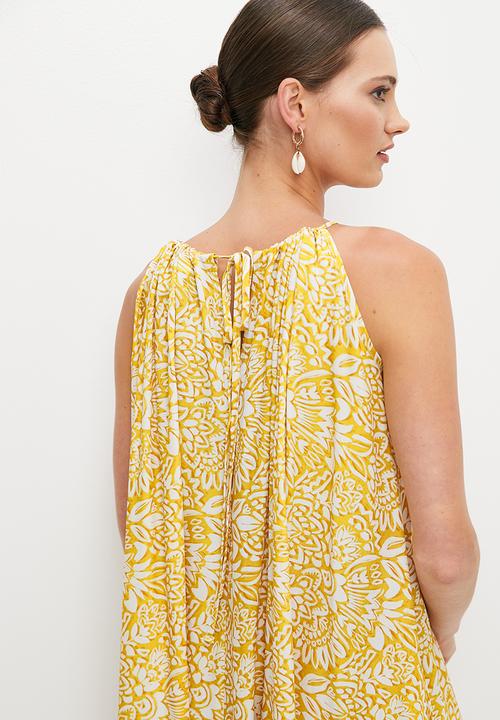 edit - Halter swing hem midi dress - yellow mono oriental