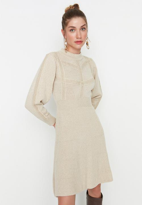 Trendyol - Balloon sleeve knit  flare dress - beige