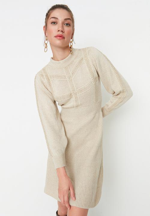 Trendyol - Balloon sleeve knit  flare dress - beige