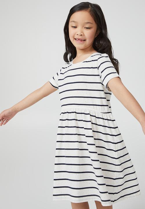 Cotton On - Freya short sleeve dress - vanilla/navy blazer stripe fluro nep