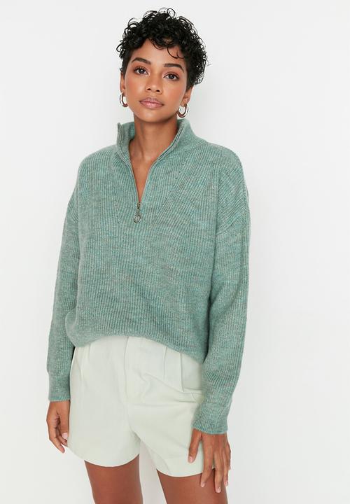Trendyol - Oversized zippered knit sweater - mint