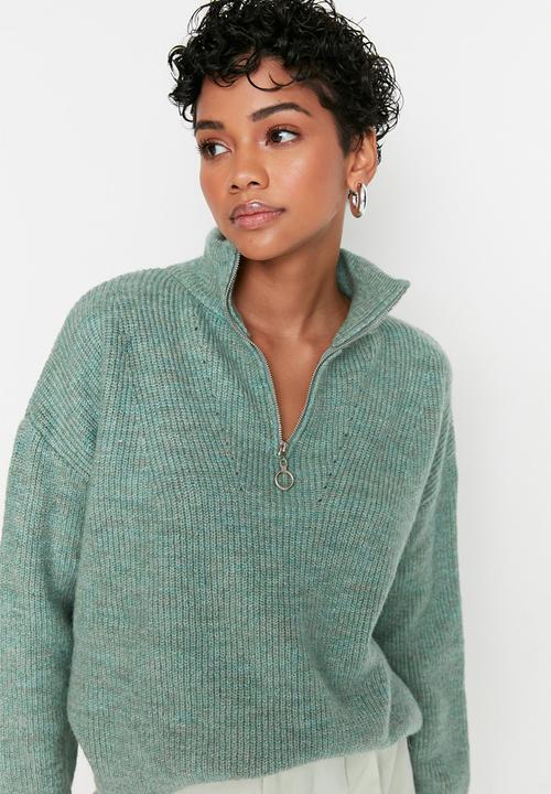 Trendyol - Oversized zippered knit sweater - mint