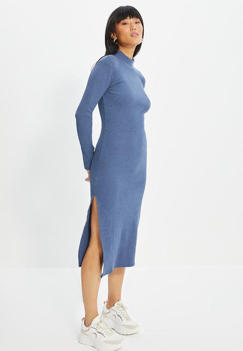 Trendyol - Side slit turtleneck bodycon midi dress - indigo