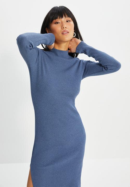 Trendyol - Side slit turtleneck bodycon midi dress - indigo