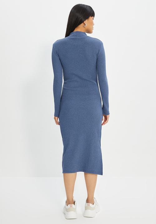 Trendyol - Side slit turtleneck bodycon midi dress - indigo