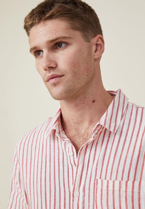 Cotton On - Linen short sleeve shirt - sport red stripe