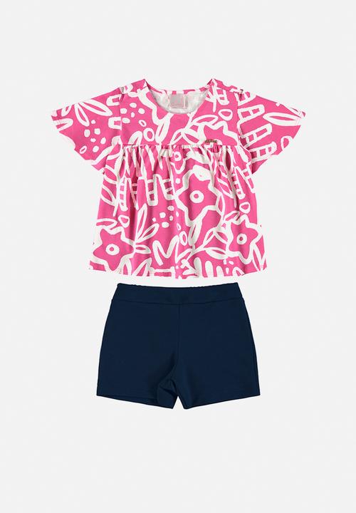 Quimby - Single jersey blouse and sweat shorts - pink & navy