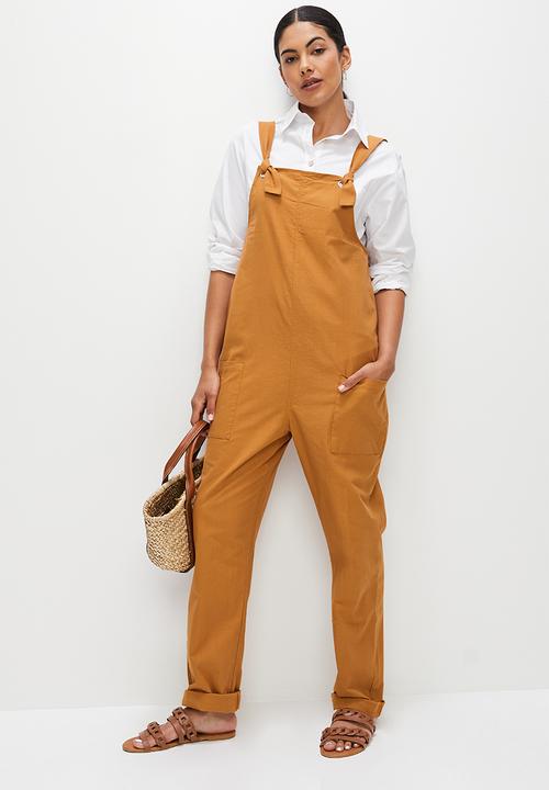 edit - Linen loose fit dungaree - tobacco