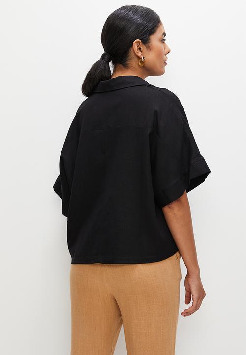 edit - Collared boxy linen shell - black