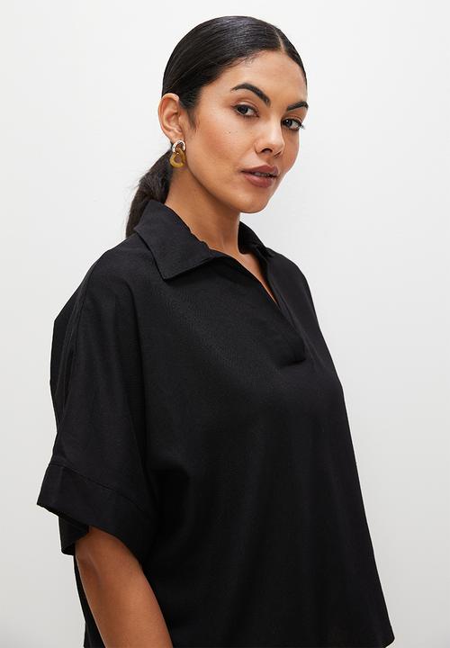 edit - Collared boxy linen shell - black