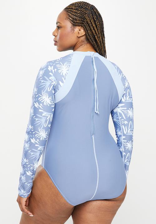 Lizzy - Plus chantria long sleeve swimsuit - blue abstract palm