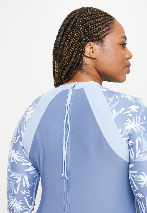 Lizzy - Plus chantria long sleeve swimsuit - blue abstract palm