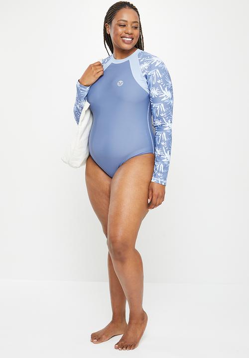 Lizzy - Plus chantria long sleeve swimsuit - blue abstract palm