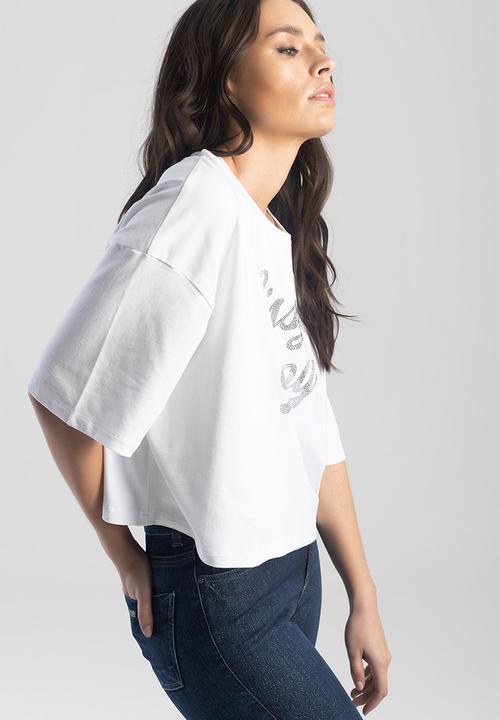 SISSY BOY - Double glam: boxy oversized bling logo top - white